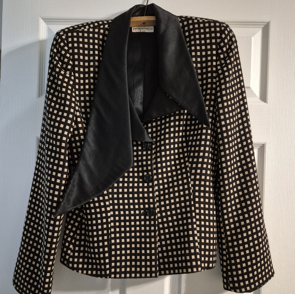 Emporio Armani Black and Cream Checkered Wool Blazer